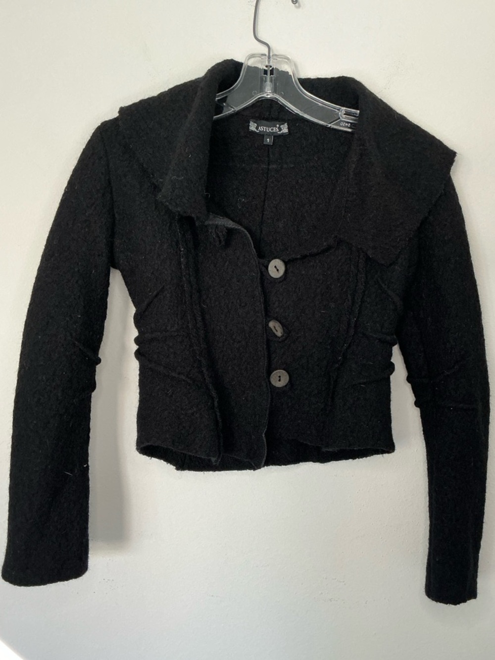 Astuces Wool Blend Cropped Jacket Black Button Front Tailored Boho Chic Size 1